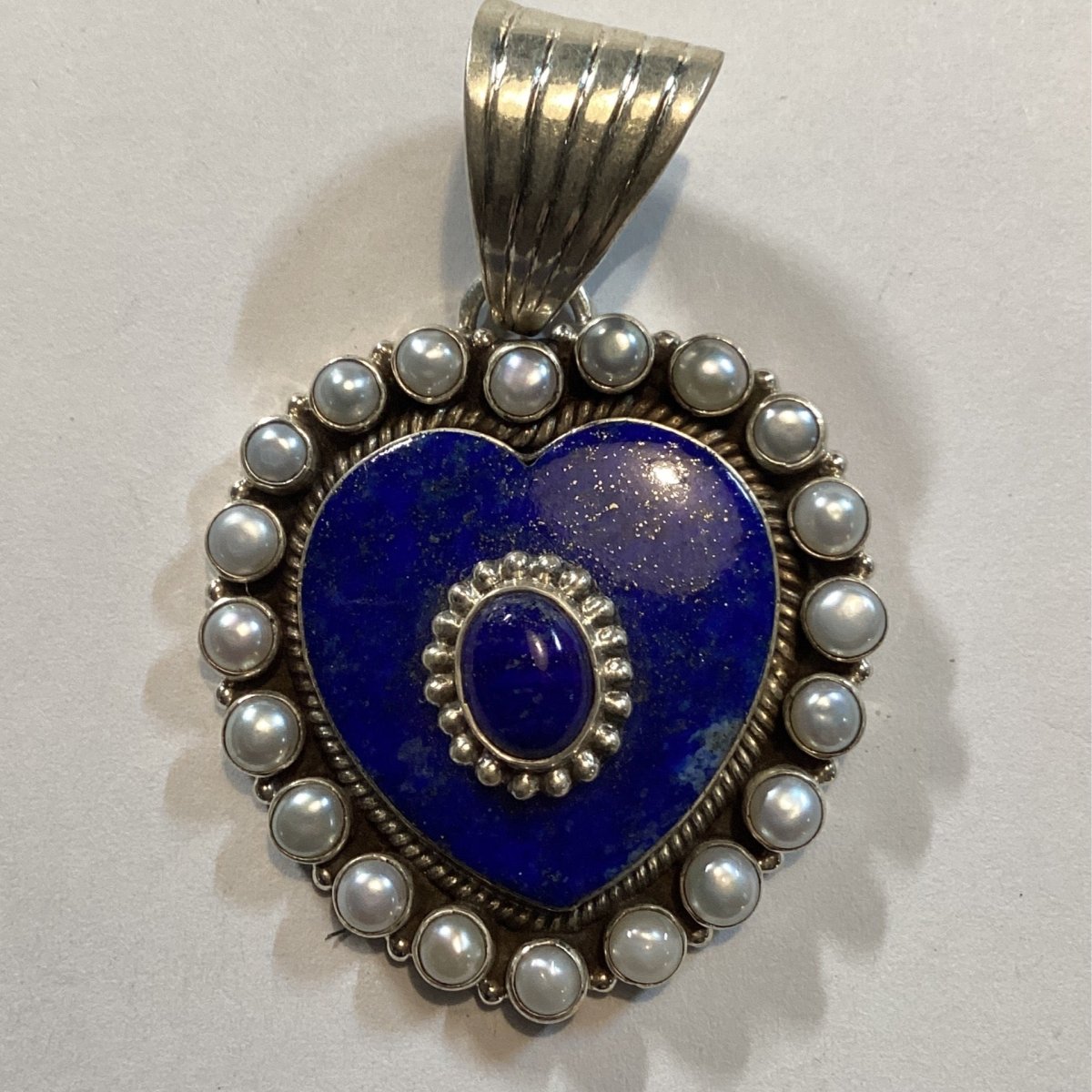 Stacked Lapis Pendant with Lapis Center & 20 - Pearl Bezel - Turquoise Mustang