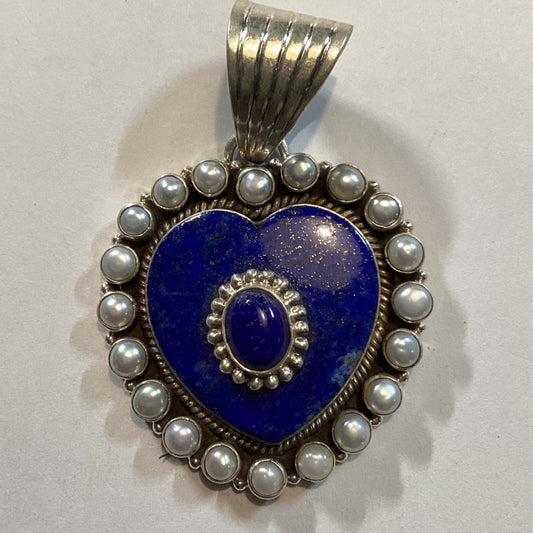 Stacked Lapis Pendant with Lapis Center & 20 - Pearl Bezel - Turquoise Mustang