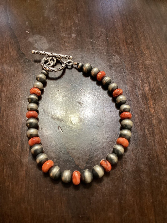 Bracelet, 6mm plain Navajo Pearls with Spiny Oyster Rondelles, Turquoise Mustang - Turquoise Mustang