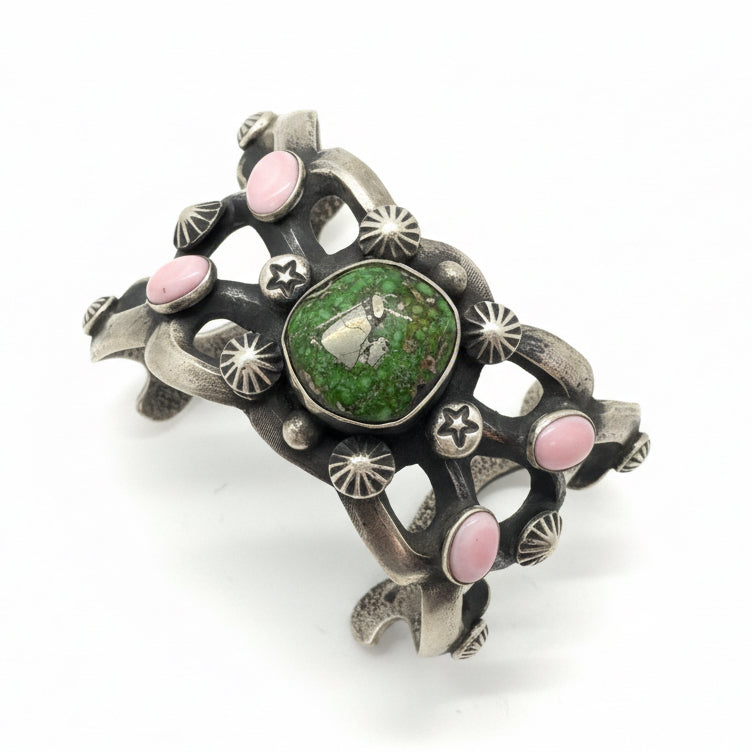 Tufa Cast Cuff Bracelet with Carico Lake Turquoise & Pink Conch by Chimney Butte - Turquoise Mustang