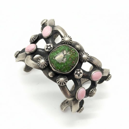 Tufa Cast Cuff Bracelet with Carico Lake Turquoise & Pink Conch by Chimney Butte - Turquoise Mustang