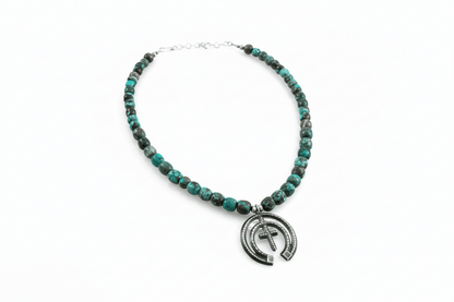 18” Cloud Mountain Barrel Bead Necklace with Oxidized Naja Pendant - Turquoise Mustang