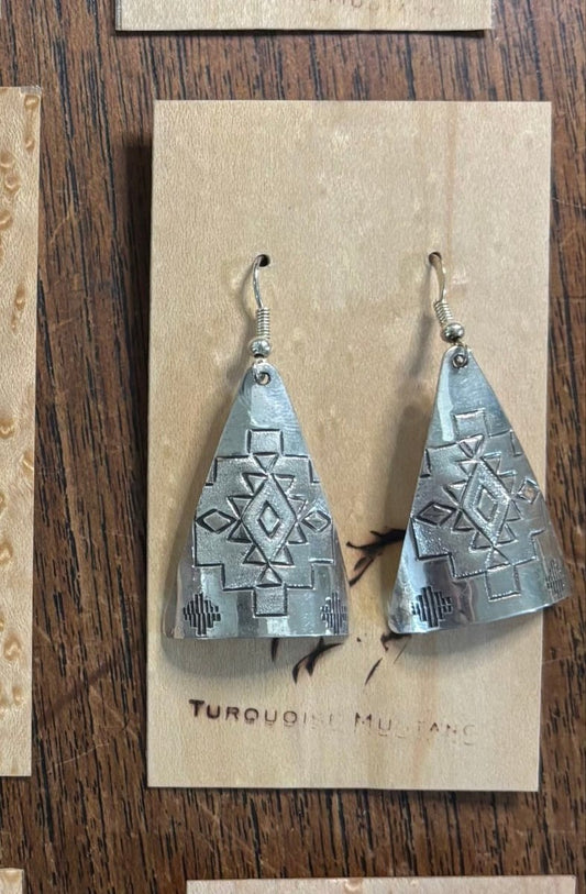 Earring, half cone, all silver, stamp work, Felicia Etcitty - Turquoise Mustang