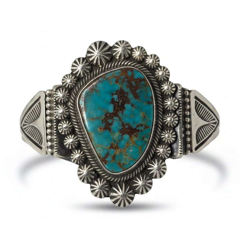 Refined Stamp and Overlay Cuff with Freeform Pilot Mountain Turquoise, Leon Martinez - Turquoise Mustang