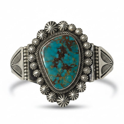 Refined Stamp and Overlay Cuff with Freeform Pilot Mountain Turquoise, Leon Martinez - Turquoise Mustang