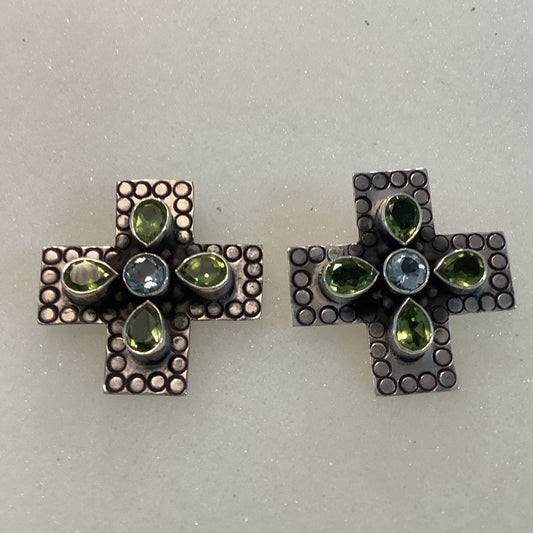 Earrings, Faceted Gemstones, Cross, Peridot & Blue Topaz, Hooks, DD - Turquoise Mustang