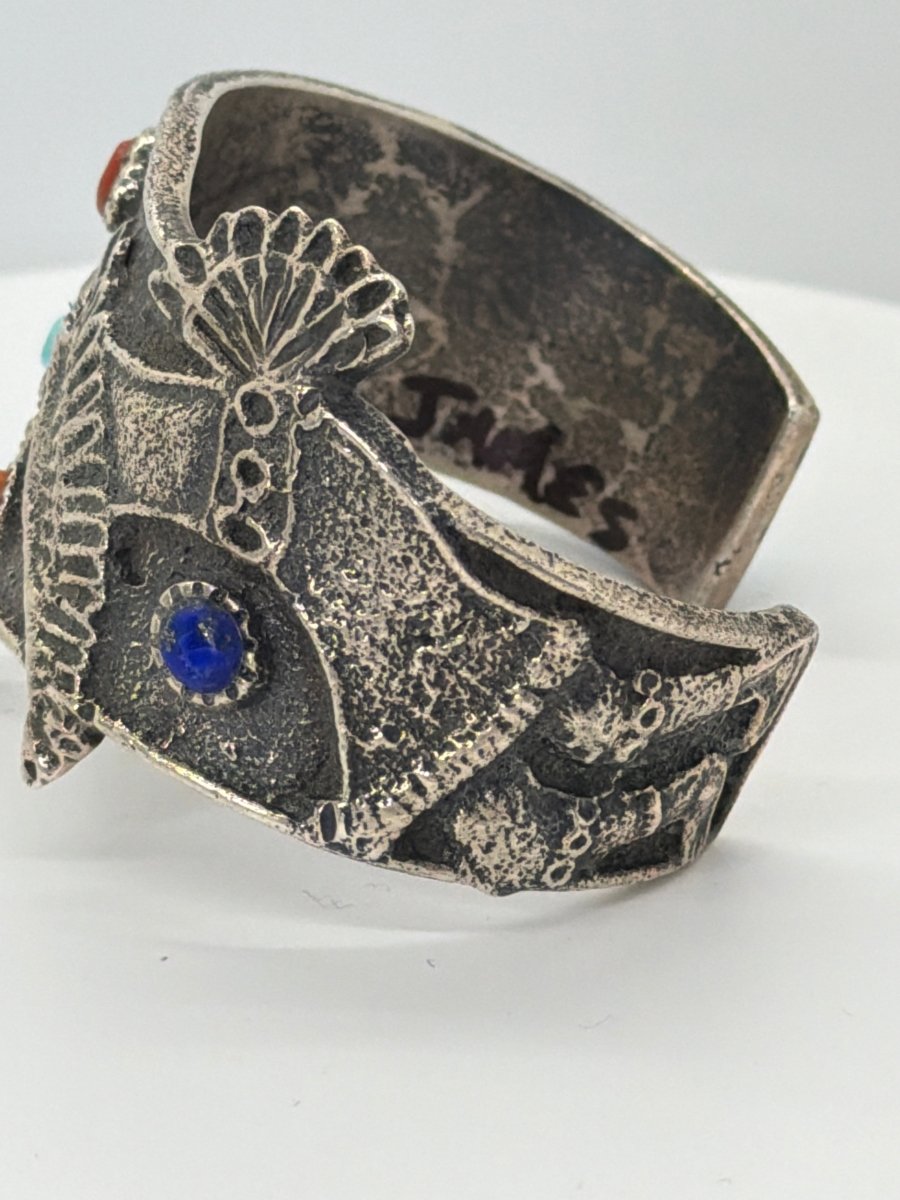 Tufa Cast Hummingbird Kachina Cuff with Cobblestone Inlay — Lester James - Turquoise Mustang