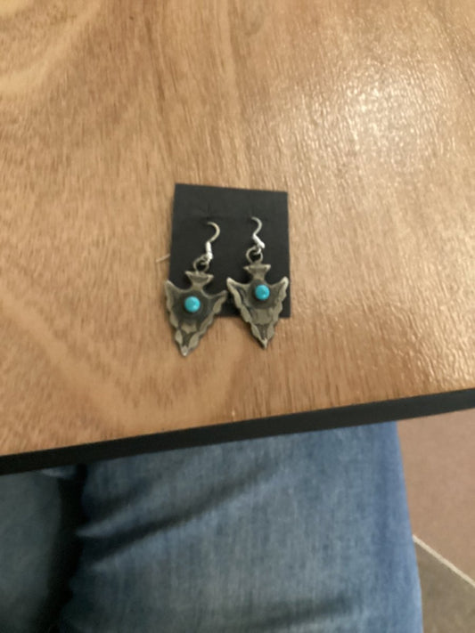 Sterling Silver and Turquoise Arrowhead CT Yazzie Earrings - Turquoise Mustang