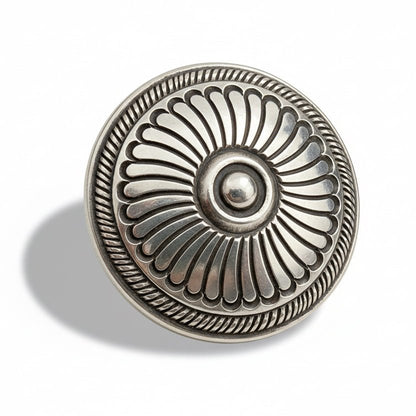 Heavy Round Concho/Shield Stamp Work Ring Size 8.5 by Calvin Martinez - Turquoise Mustang