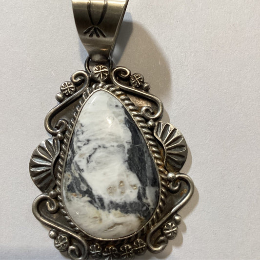 Pendant, White Buffalo Teardrop, Scroll and Stamp Overlay, M. Spencer - Turquoise Mustang