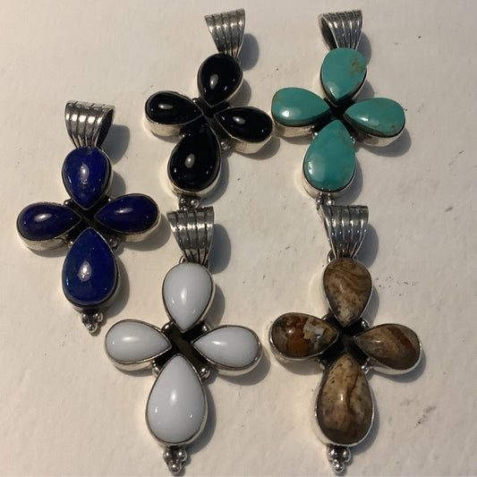 Pendant, Variety, 4 Pear Stone Cluster with 3 Raindrops accent DD - Turquoise Mustang