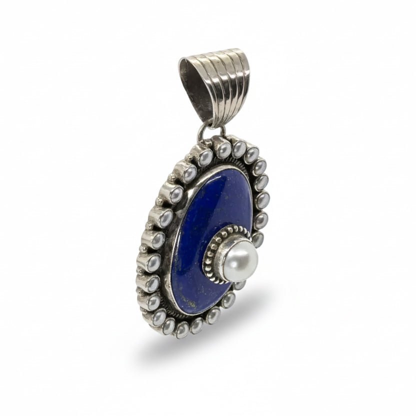 Large Oval Lapis Pendant with Freshwater Pearl Bezel and Stacked Pearl Accent by Dan Dodson - Turquoise Mustang