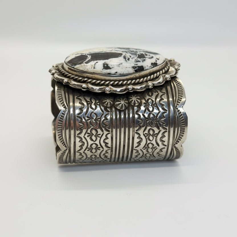 Extra Wide White Buffalo Oval Sterling Silver Cuff Bracelet — Heavy Gauge — Chris Yazzie - Turquoise Mustang