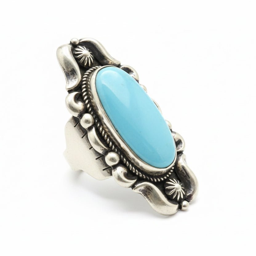 Larimar Oval Repoussé and Rope Ring, Size 9 Albert Jake - Turquoise Mustang