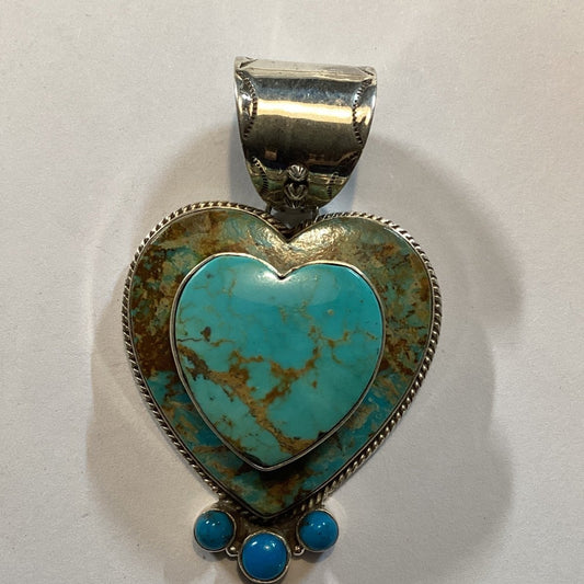 Pendant, Heart, Extra Large Kingman Turquoise Heart Cab w/Stacked Kingman Heart, DD - Turquoise Mustang