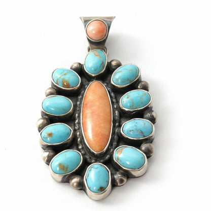 De Chelly, 11 - Stone Kingman and Orange Spiny Oyster Cluster Pendant - Turquoise Mustang