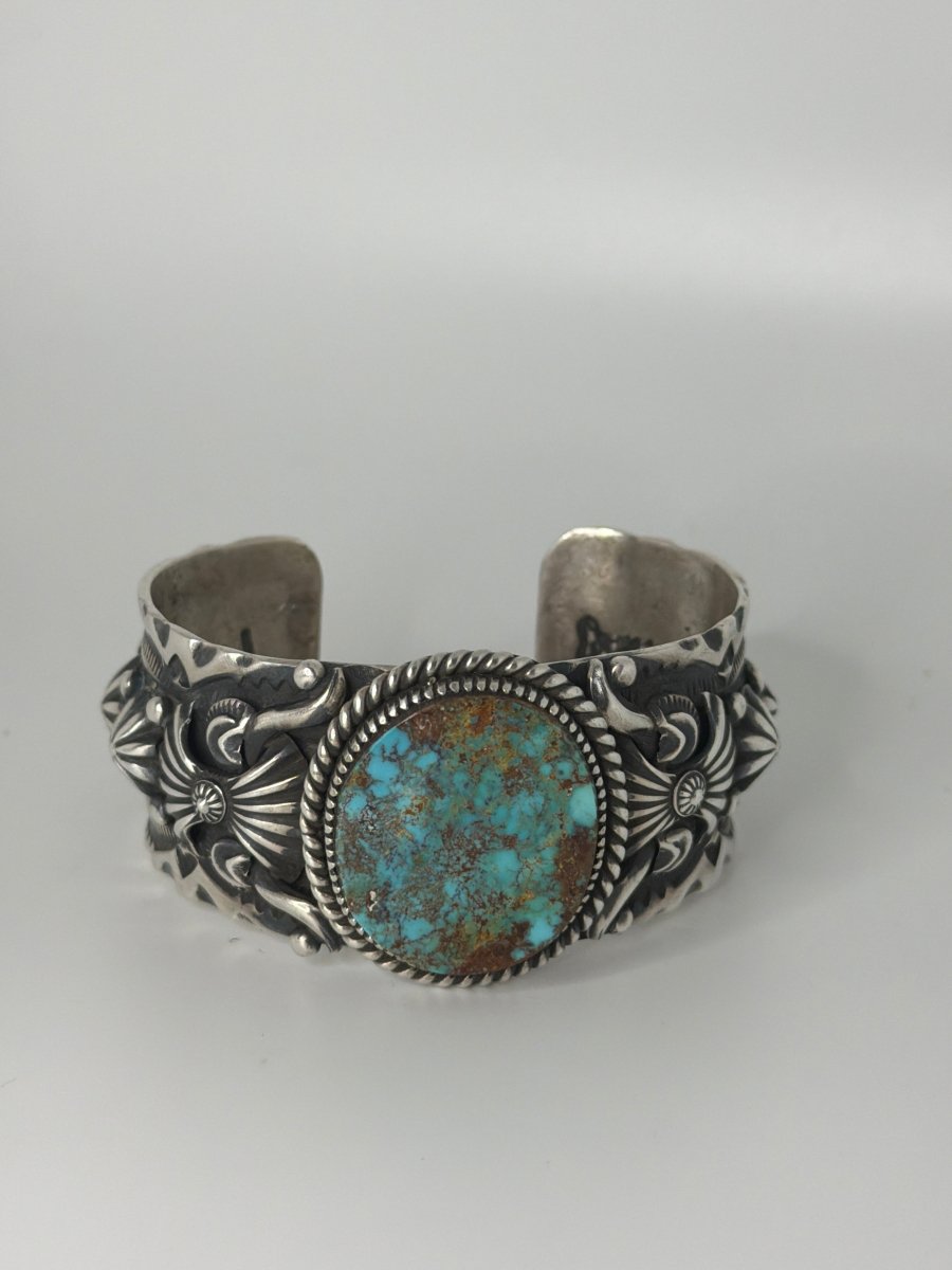 Heavy Stampwork & Overlay, Large Oval Royston Turquoise Cuff Bracelet, Darryl Gordon - Turquoise Mustang