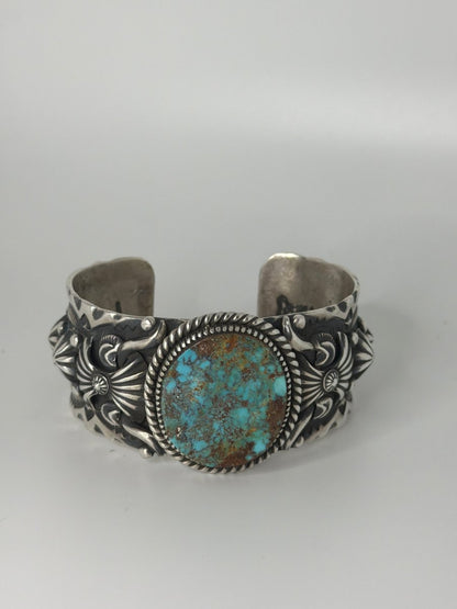 Heavy Stampwork & Overlay, Large Oval Royston Turquoise Cuff Bracelet, Darryl Gordon - Turquoise Mustang