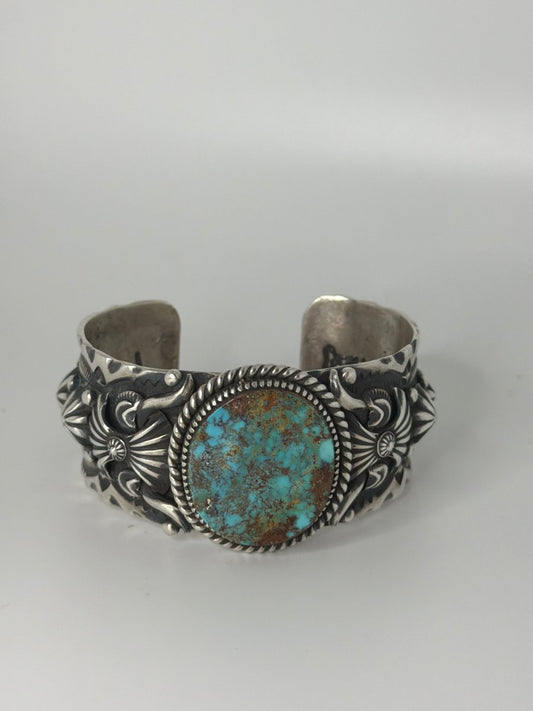 Heavy Stampwork & Overlay, Large Oval Royston Turquoise Cuff Bracelet, Darryl Gordon - Turquoise Mustang
