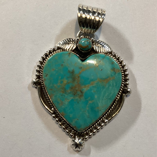 Pendant, Heart, Medium Kingman Turquoise Heart Cab w/ Round and Leaves, DD - Turquoise Mustang