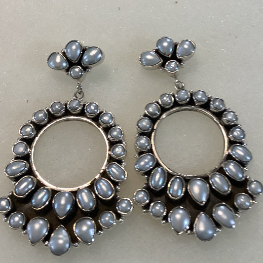 Earrings, Pearl, 24 stone Cluster drop on 4 - stone Cluster Stud, DD (1) - Turquoise Mustang