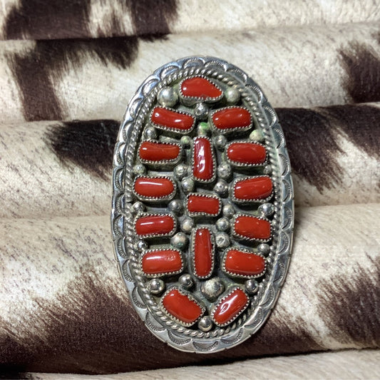 Ring, Large Oval Cluster Red Coral, Stamp & Rope Bezel, Daryll Brown - Turquoise Mustang