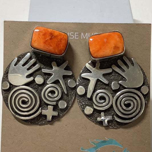 Earring, Rd. Petroglyph, Rect. Spiny oyster posts, Alex Sanchez - Turquoise Mustang