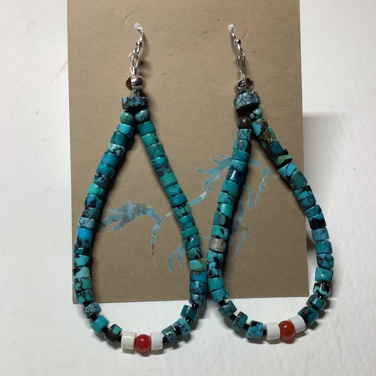 Earrings, Large Loops w/ Carnelian/TQ/White Jasper, Turquoise Mustang (1) - Turquoise Mustang