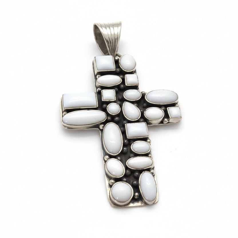 The Peony Cluster Cross Pendant in White Jade, Dan Dodson - Turquoise Mustang