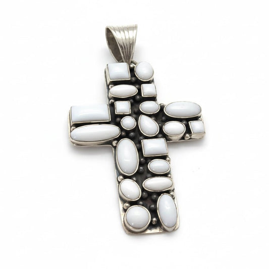 The Peony Cluster Cross Pendant in White Jade, Dan Dodson - Turquoise Mustang