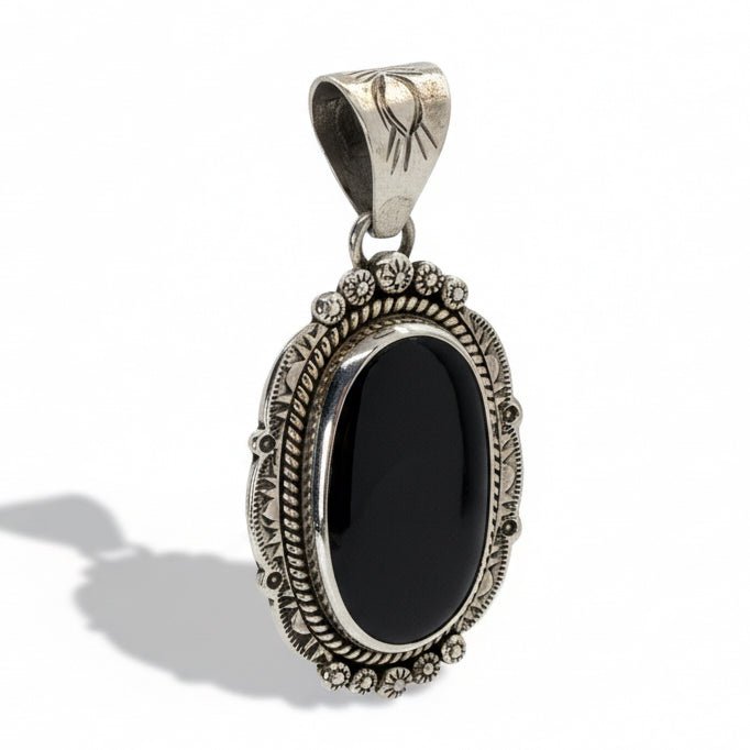 Black Onyx Oval Shield Pendant, Dan Dodson - Turquoise Mustang