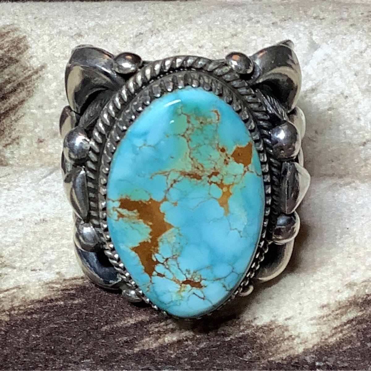 Ring, Large Egg Birdseye TQ, Huge Repoussee Shank, Derrick Gordon - Turquoise Mustang