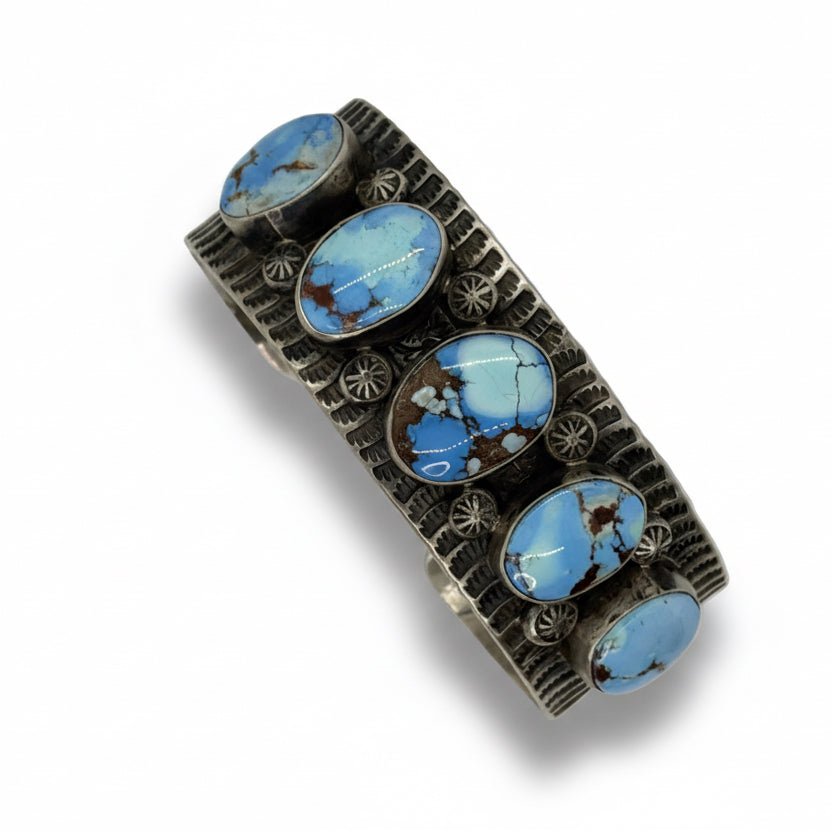 Golden Hills Turquoise Medium Bracelet Cuff Five Oval Stones, Tillie John - Turquoise Mustang