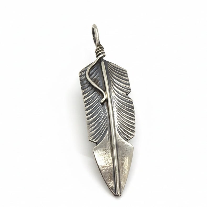 All Silver Small Dimensional Feather Pendant/Charm, CC - Turquoise Mustang