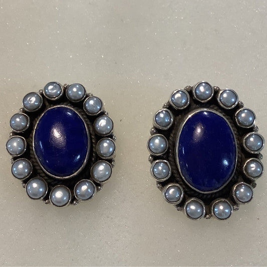 Earrings, Lapis Pearl,Oval Lapis with Parls Cluster Stud, DD - Turquoise Mustang