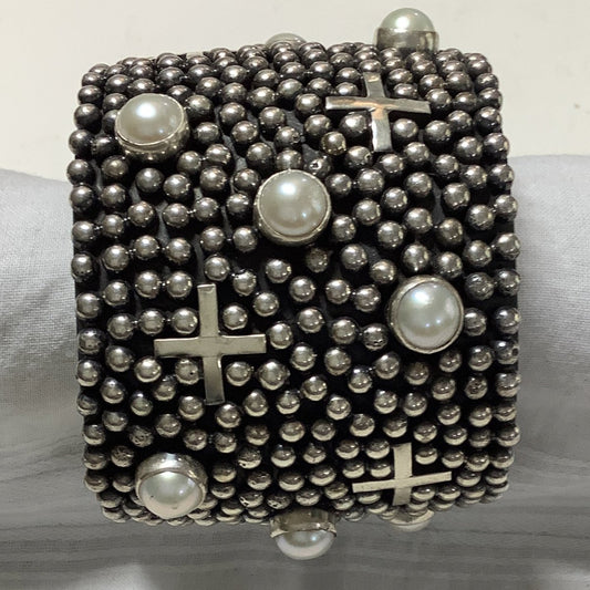 Bracelet, Wide Cuff with Sterling Silver Beads, 9 Pearls & 6 Crosses, by Ronnie Willie - Turquoise Mustang