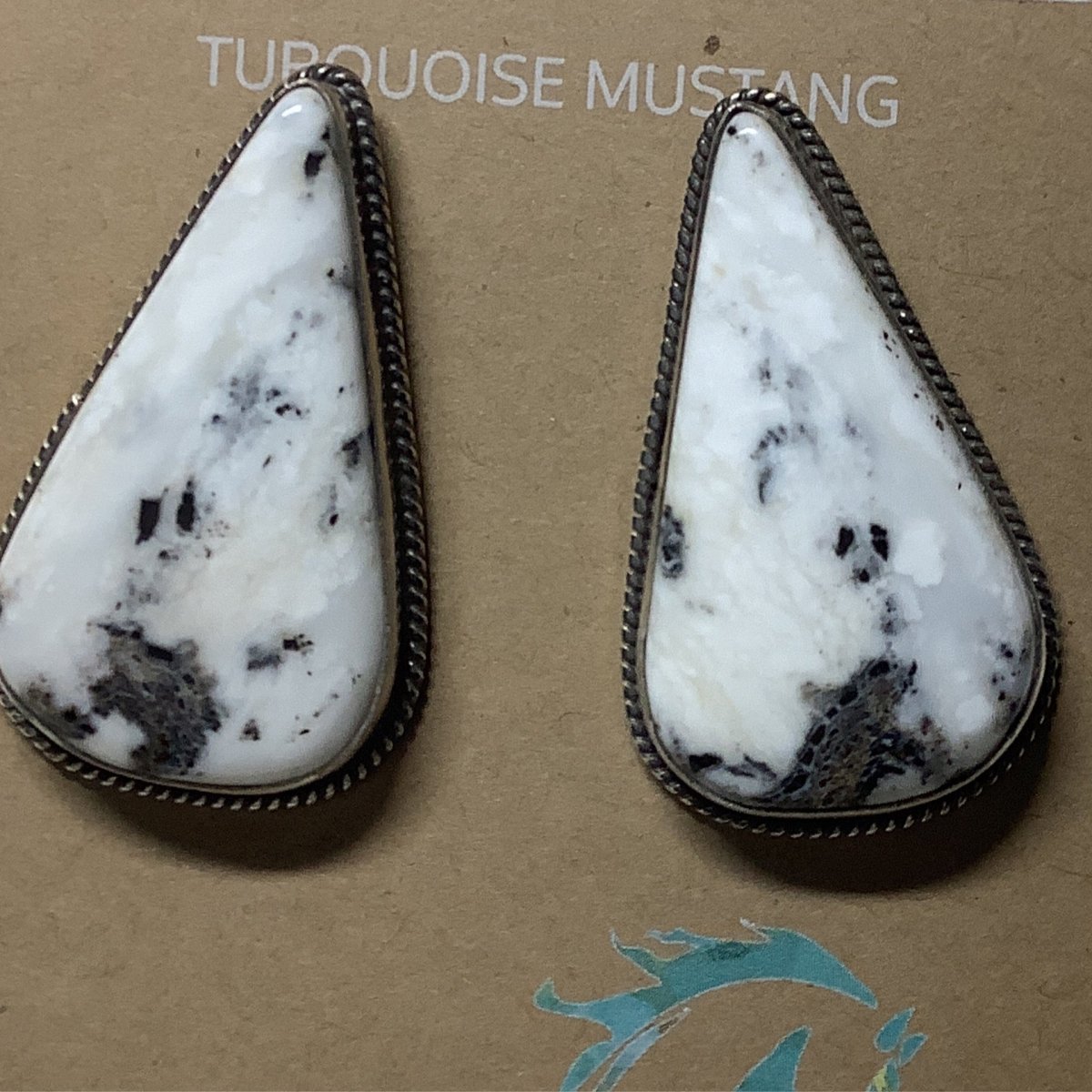 Earring, large white buffalo teradrops, rope bezel, RSP - Turquoise Mustang