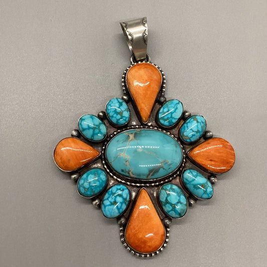 Pendant, 13 stone, Orange Spiny Oyster, Dry Creek center, Kingman Web, Cluster, 90 ct, Extra Large, by Peterson Johnson - Turquoise Mustang