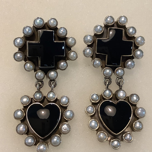 Earrings, Onyx Pearls, Cross Cluster Stud w/ Heart Cluster drop, DD - Turquoise Mustang