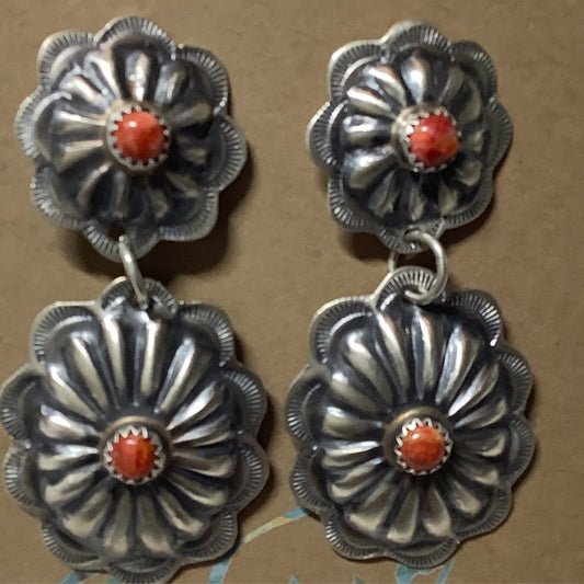 Earring, Double Concho Drops w/ sm. coral rounds, unknown - Turquoise Mustang