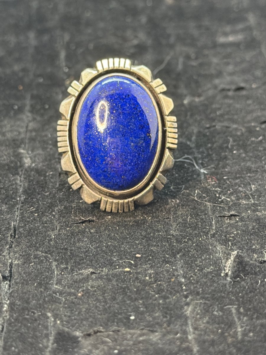 Large Premium Lapis Oval Ring with Filework, Size 7.75 Charley Willie - Turquoise Mustang