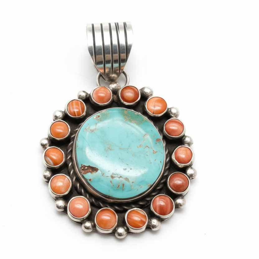 Round Royston Turquoise & Spiny Oyster Cluster Pendant in Sterling Silver, L. Yazzie - Turquoise Mustang