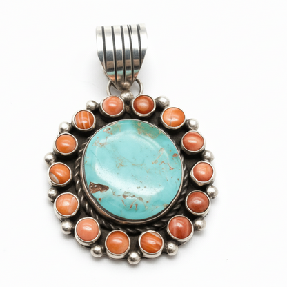 Round Royston Turquoise & Spiny Oyster Cluster Pendant in Sterling Silver, L. Yazzie - Turquoise Mustang