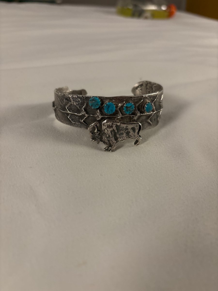 Buffalo and Corn theme Tufa Cuff - Turquoise Mustang