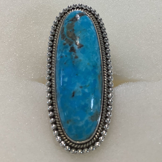 Ring, Turquoise, Large Kingman Oval with ball and rope bezel, DD - Turquoise Mustang