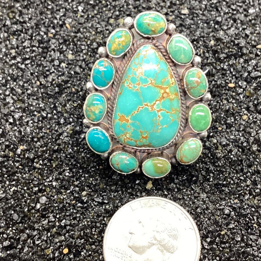 Ring, 11 Stone Cluster Number Eight w 8 bezel, Peterson Johnson - Turquoise Mustang