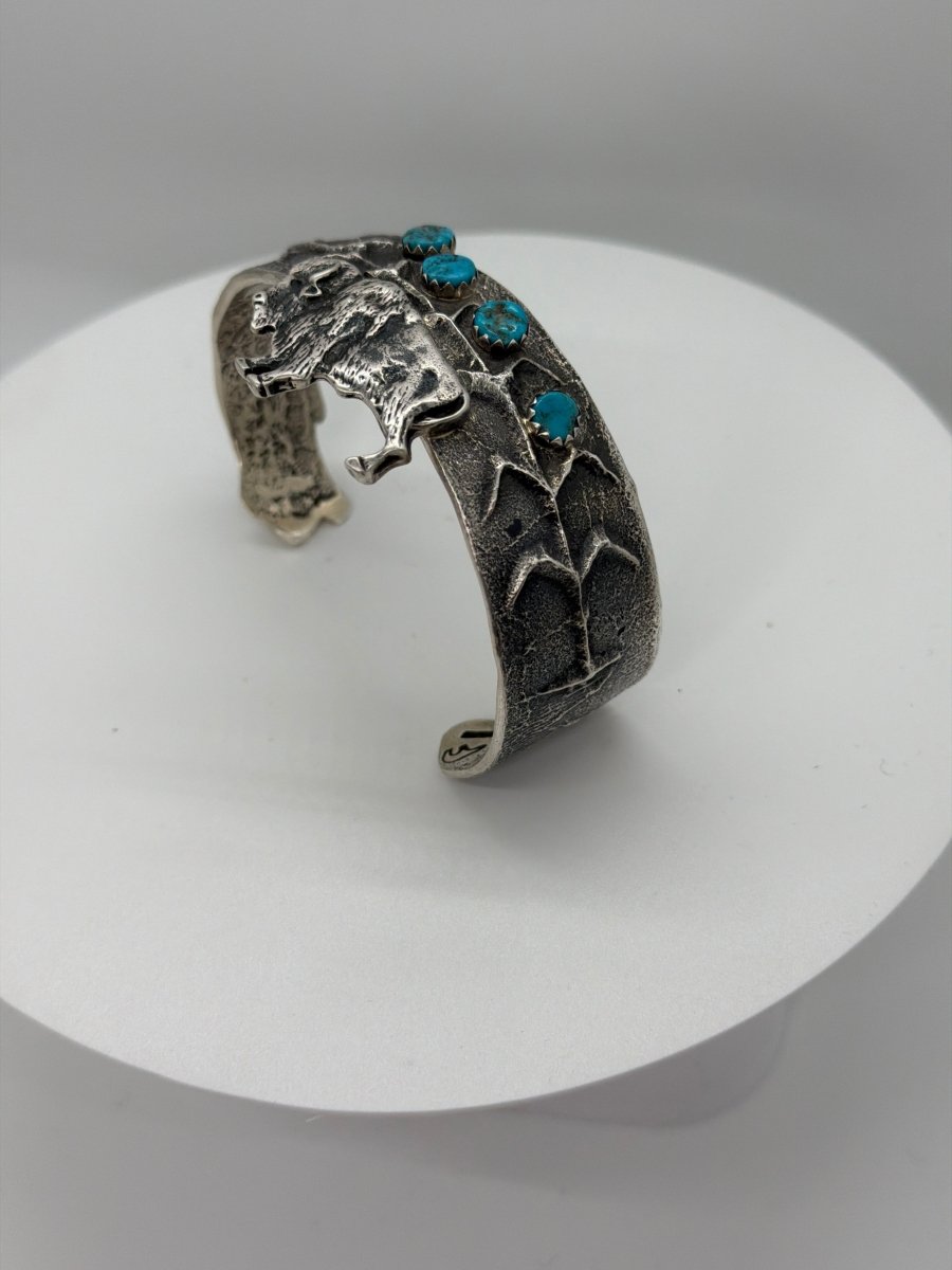 Tufa Cast Sterling Silver Cuff Bracelet with Bison and Corn Motif, by AC Henry - Turquoise Mustang