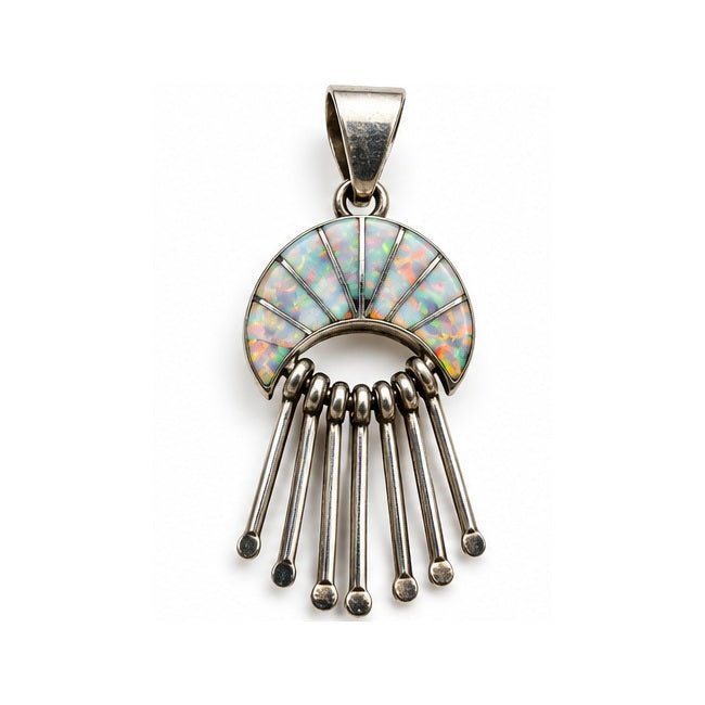 Zuni-Style Iridescent Opal Inlay Sterling Silver Fan Fringe Pendant - Turquoise Mustang