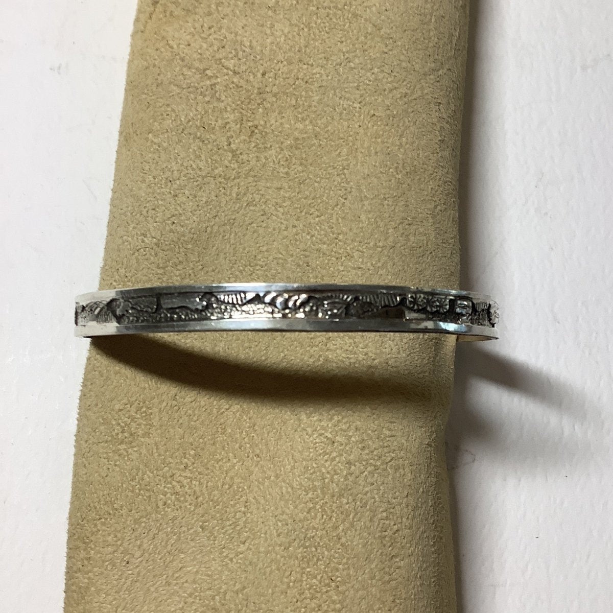 Bangle, stamped, flat wire, Storyteller, Elaine Becenti - Turquoise Mustang