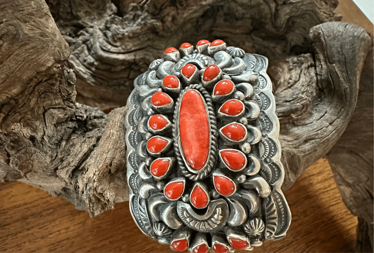 Wide Cuff with Red Coral and Spiny Oyster, Darryl Becenti - Turquoise Mustang